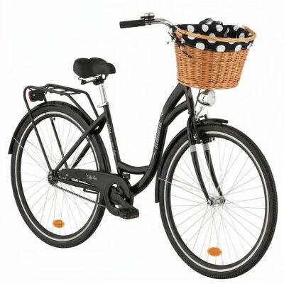 Rower miejski INDIANA Moena S1B 28 cali damski Czarny 2025 + Koszyk wiklinowy na rower VÖGEL VKS-505 Stylowy + Wkład do koszyka VÖGEL VKSC705KW Czarno-biały