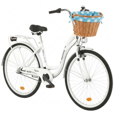 Rower miejski INDIANA Moena S3B 28 cali damski Biały + Koszyk wiklinowy na rower VÖGEL VKS-505 Stylowy + Wkład do koszyka VÖGEL VKSC705MTV Błękitno-biały