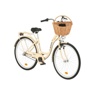 Rower miejski INDIANA Moena S3B 28 cali damski Cappuccino 2025 + Koszyk wiklinowy na rower VÖGEL VKS-505 Stylowy