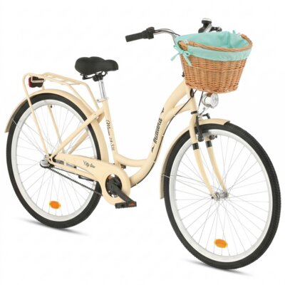 Rower miejski INDIANA Moena S3B 28 cali damski Cappuccino 2025 + Koszyk wiklinowy na rower VÖGEL VKS-505 Stylowy + Wkład do koszyka VÖGEL VKSC705MT Miętowy
