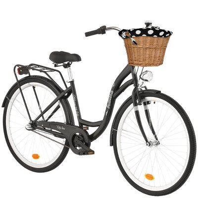 Rower miejski INDIANA Moena S3B D17 28 cali damski Czarny + Koszyk wiklinowy na rower VÖGEL VKS-502 Stylowy + Wkład do koszyka VÖGEL VKSC705KW Czarno-biały