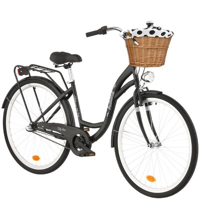 Rower miejski INDIANA Moena S3B D17 28 cali damski Czarny + Koszyk wiklinowy na rower VÖGEL VKS-502 Stylowy + Wkład do koszyka VÖGEL VKSC705CPB Biało-czarny
