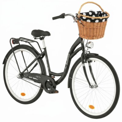 Rower miejski INDIANA Moena S3B D17 28 cali damski Czarny + Koszyk wiklinowy na rower VÖGEL VKS-505 Stylowy + Wkład do koszyka VÖGEL VKSC705KW Czarno-biały
