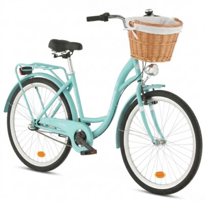 Rower miejski INDIANA Moena S3B 26 cali damski Lazurowy 2025 + Koszyk wiklinowy na rower VÖGEL VKS-505 Stylowy + Wkład do koszyka VÖGEL VKSC705W Biały