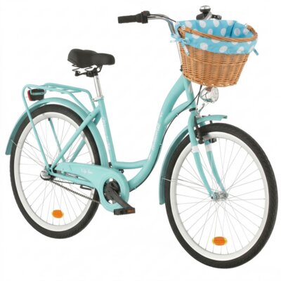 Rower miejski INDIANA Moena S3B 26 cali damski Lazurowy 2025 + Koszyk wiklinowy na rower VÖGEL VKS-505 Stylowy + Wkład do koszyka VÖGEL VKSC705MTV Błękitno-biały