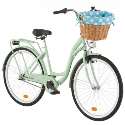 Rower miejski INDIANA Moena S3B D18 28 cali damski Miętowy + Koszyk wiklinowy na rower VÖGEL VKS-505 Stylowy + Wkład do koszyka VÖGEL VKSC705MTV Błękitno-biały
