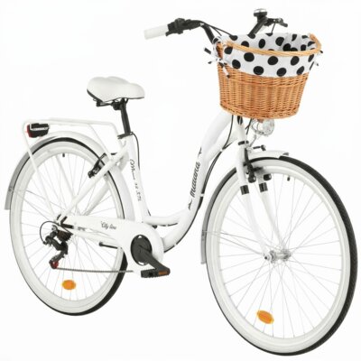 Rower miejski INDIANA Moena S7B 28 cali damski Biały 2025 + Koszyk wiklinowy na rower VÖGEL VKS-505 Stylowy + Wkład do koszyka VÖGEL VKSC705WK Biało-czarny