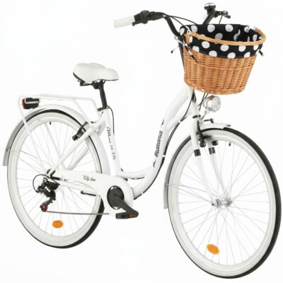 Rower miejski INDIANA Moena S7B 28 cali damski Biały 2025 + Koszyk wiklinowy na rower VÖGEL VKS-505 Stylowy + Wkład do koszyka VÖGEL VKSC705KW Czarno-biały