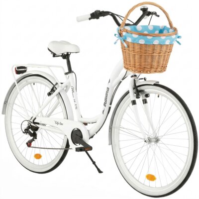 Rower miejski INDIANA Moena S7B 28 cali damski Biały 2025 + Koszyk wiklinowy na rower VÖGEL VKS-505 Stylowy + Wkład do koszyka VÖGEL VKSC705MTV Błękitno-biały