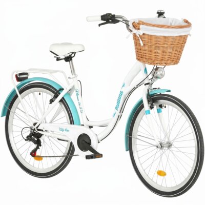 Rower miejski INDIANA Moena S7B 26 cali damski Biało-lazurowy + Koszyk wiklinowy na rower VÖGEL VKS-505 Stylowy + Wkład do koszyka VÖGEL VKSC705W Biały