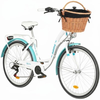 Rower miejski INDIANA Moena S7B 26 cali damski Biało-lazurowy + Koszyk wiklinowy na rower VÖGEL VKS-505 Stylowy + Wkład do koszyka VÖGEL VKSC705K Czarny