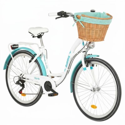 Rower miejski INDIANA Moena S7B 26 cali damski Biało-lazurowy + Koszyk wiklinowy na rower VÖGEL VKS-505 Stylowy + Wkład do koszyka VÖGEL VKSC705MT Miętowy