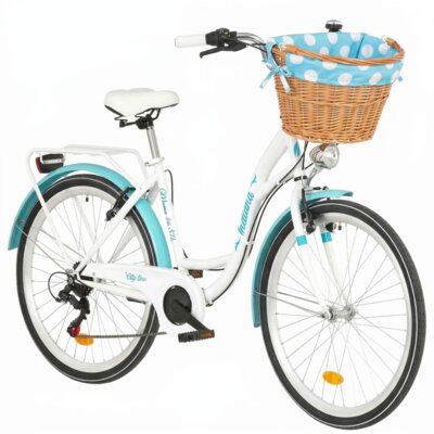 Rower miejski INDIANA Moena S7B 26 cali damski Biało-lazurowy + Koszyk wiklinowy na rower VÖGEL VKS-505 Stylowy + Wkład do koszyka VÖGEL VKSC705MTV Błękitno-biały