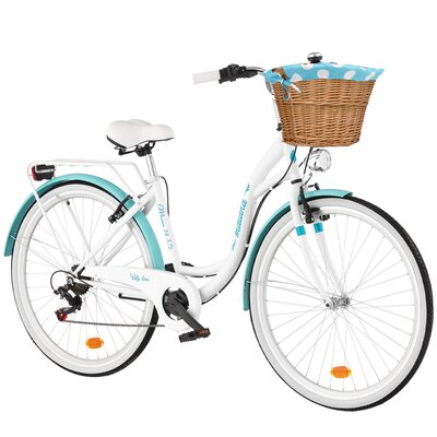 Rower miejski INDIANA Moena S7B 28 cali damski Biało-lazurowy 2025 + Koszyk wiklinowy na rower VÖGEL VKS-502 Stylowy + Wkład do koszyka VÖGEL VKSC705MTV Błękitno-biały