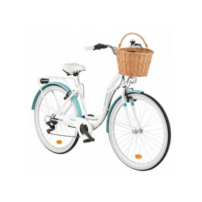 Rower miejski INDIANA Moena S7B 28 cali damski Biało-lazurowy 2025 + Koszyk wiklinowy na rower VÖGEL VKS-505 Stylowy