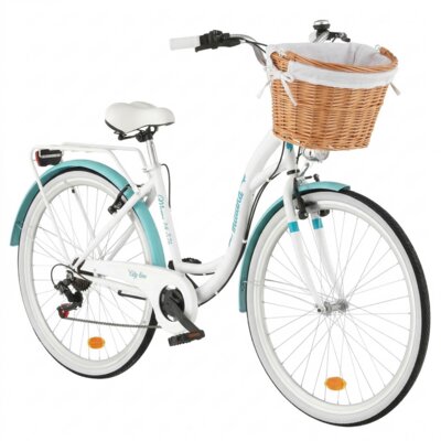 Rower miejski INDIANA Moena S7B 28 cali damski Biało-lazurowy 2025 + Koszyk wiklinowy na rower VÖGEL VKS-505 Stylowy + Wkład do koszyka VÖGEL VKSC705W Biały