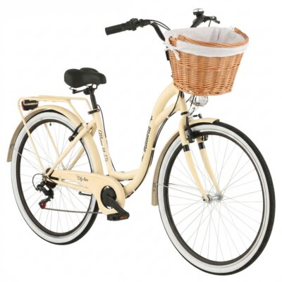 Rower miejski INDIANA Moena S7B 28 cali damski Cappuccino 2025 + Koszyk wiklinowy na rower VÖGEL VKS-505 Stylowy + Wkład do koszyka VÖGEL VKSC705W Biały