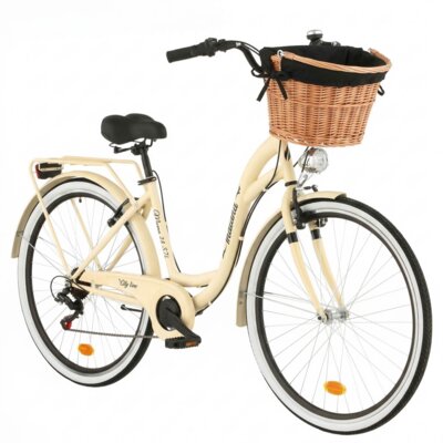 Rower miejski INDIANA Moena S7B 28 cali damski Cappuccino 2025 + Koszyk wiklinowy na rower VÖGEL VKS-505 Stylowy + Wkład do koszyka VÖGEL VKSC705K Czarny