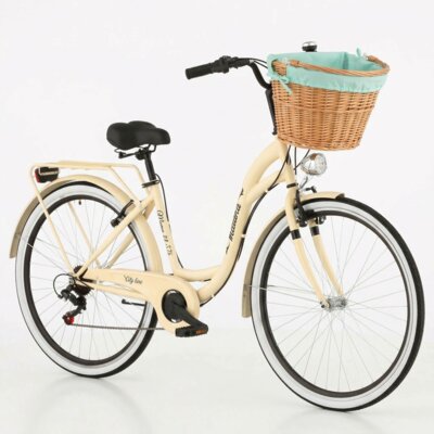Rower miejski INDIANA Moena S7B 28 cali damski Cappuccino 2025 + Koszyk wiklinowy na rower VÖGEL VKS-505 Stylowy + Wkład do koszyka VÖGEL VKSC705MT Miętowy