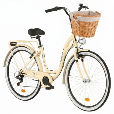 Rower miejski INDIANA Moena S7B 28 cali damski Cappuccino 2025 + Koszyk wiklinowy na rower VÖGEL VKS-505 Stylowy + Wkład do koszyka VÖGEL VKSC705CP Cappuccino