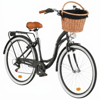 Rower miejski INDIANA Moena S7B D17 28 cali damski Czarny 2025 + Koszyk wiklinowy na rower VÖGEL VKS-505 Stylowy + Wkład do koszyka VÖGEL VKSC705K Czarny