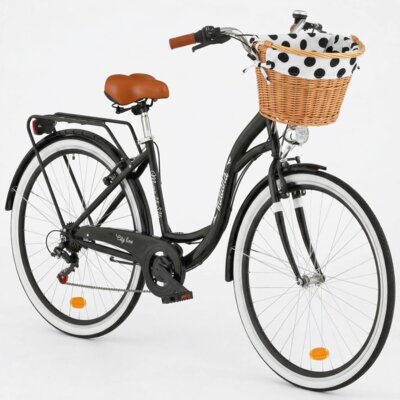 Rower miejski INDIANA Moena S7B D17 28 cali damski Czarny 2025 + Koszyk wiklinowy na rower VÖGEL VKS-505 Stylowy + Wkład do koszyka VÖGEL VKSC705WK Biało-czarny