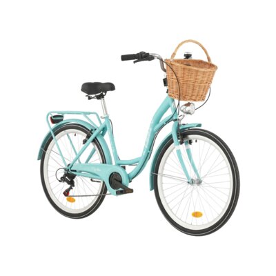 Rower miejski INDIANA Moena S7B 26 cali damski Lazurowy + Koszyk wiklinowy na rower VÖGEL VKS-505 Stylowy