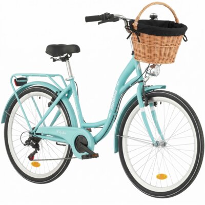 Rower miejski INDIANA Moena S7B 26 cali damski Lazurowy + Koszyk wiklinowy na rower VÖGEL VKS-505 Stylowy + Wkład do koszyka VÖGEL VKSC705K Czarny