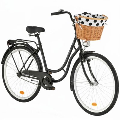 Rower miejski DAWSTAR Moly 1B 28 cali damski Czarny + Koszyk wiklinowy na rower VÖGEL VKS-505 Stylowy + Wkład do koszyka VÖGEL VKSC705WK Biało-czarny