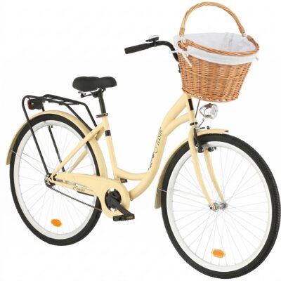 Rower miejski DAWSTAR Retro S1B 28 cali damski Cappuccino + Koszyk wiklinowy na rower VÖGEL VKS-505 Stylowy + Wkład do koszyka VÖGEL VKSC705W Biały