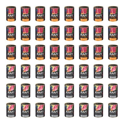 Karma dla psa RAFI Mix smaków z kaczką, borówką i żurawiną, żołądkami wołowymi, szynką wieprzową z borówką i żurawiną 48 x 400 g