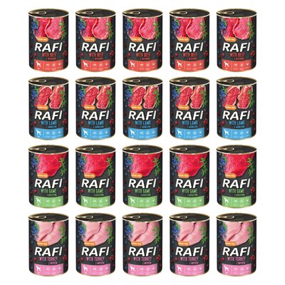 Karma dla psa RAFI Mix smaków z jagnięciną, wołowiną, dziczyzną, indykiem, borówką i żurawiną 20 x 400 g