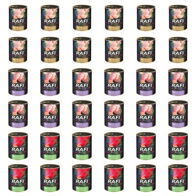 Karma dla psa RAFI Mix smaków z przepiórką, królikiem, dziczyzną, borówką i żurawiną 36 x 800 g