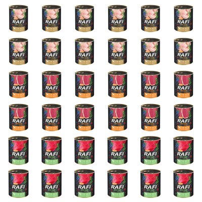 Karma dla psa RAFI Mix smaków z przepiórką, kaczką, dziczyzną, borówką i żurawiną 36 x 800 g