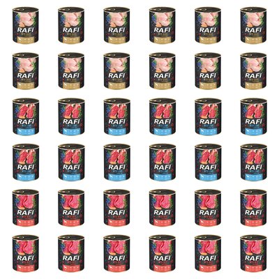 Karma dla psa RAFI Mix smaków z przepiórką, jagnięciną, wołowiną, borówką i żurawiną 36 x 800 g
