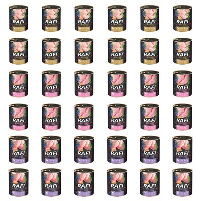Karma dla psa RAFI Mix smaków z przepiórką, indykiem, królikiem, borówką i żurawiną 36 x 800 g