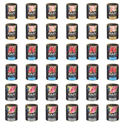 Karma dla psa RAFI Mix smaków z przepiórką, jagnięciną, żołądkami wołowymi, szynką wieprzową, borówką i żurawiną 36 x 800 g