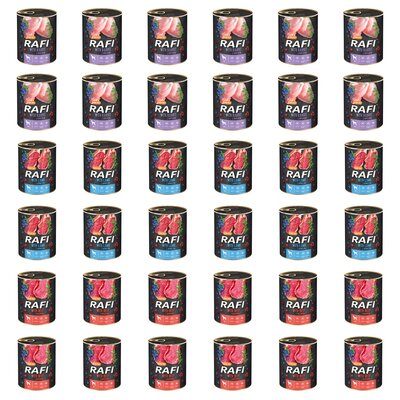 Karma dla psa RAFI Mix smaków z królikiem, jagnięciną, wołowiną, borówką i żurawiną 36 x 800 g