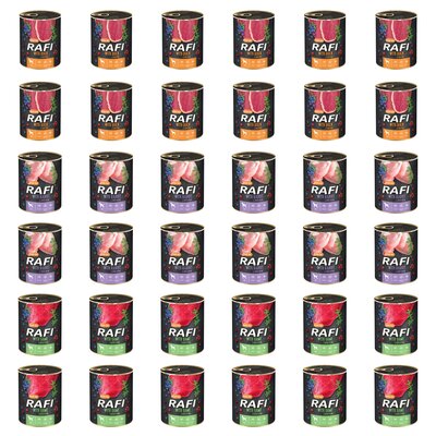 Karma dla psa RAFI Mix smaków z kaczką, królikiem, dziczyzną, borówką i żurawiną 36 x 800 g