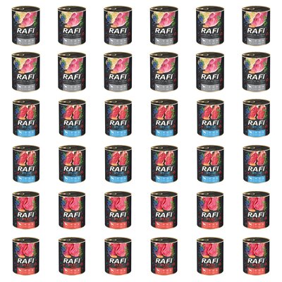 Karma dla psa RAFI Mix smaków z żołądkami wołowymi, szynką wieprzową, jagnięciną, wołowiną, borówką i żurawiną 36 x 800 g