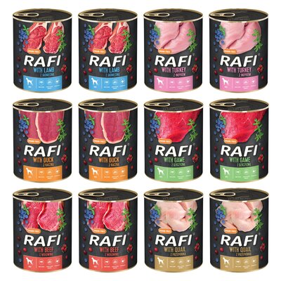 Karma dla psa RAFI Mix smaków z wołowiną, przepiórką, kaczką, jagnięciną, indykiem, dziczyzną, borówką i żurawiną 12 x 800 g