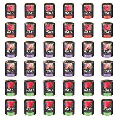Karma dla psa RAFI Mix smaków z wołowiną, królikiem, dziczyzną, borówką i żurawiną 36 x 800 g