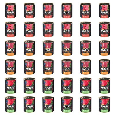 Karma dla psa RAFI Mix smaków z wołowiną, kaczką, dziczyzną, borówką i żurawiną 36 x 800 g