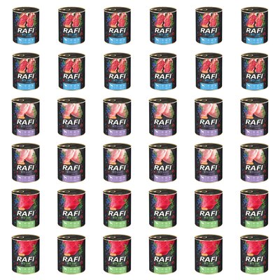 Karma dla psa RAFI Mix smaków z jagnięciną, królikiem, dziczyzną, borówką i żurawiną 36 x 800 g