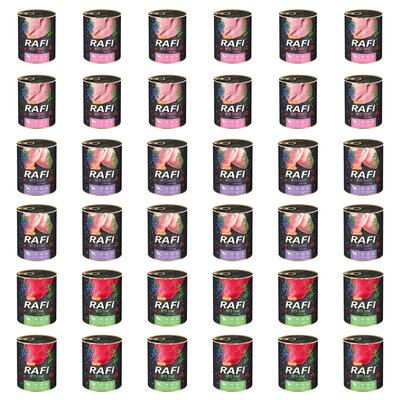 Karma dla psa RAFI Mix smaków z indykiem, królikiem, dziczyzną, borówką i żurawiną 36 x 800 g