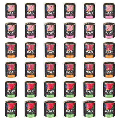 Karma dla psa RAFI Mix smaków z indykiem, kaczką, dziczyzną, borówką i żurawiną 36 x 800 g