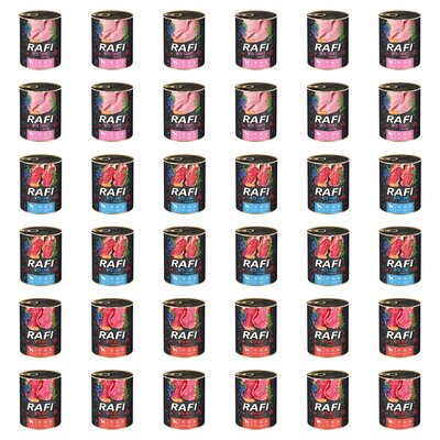 Karma dla psa RAFI Mix smaków z indykiem, jagnięciną, wołowiną, borówką i żurawiną 36 x 800 g