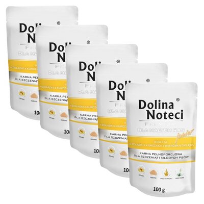 Karma dla psa DOLINA NOTECI Premium Junior bogata w żołądki z kurczaka z wątróbką cielęcą 5 x 100 g