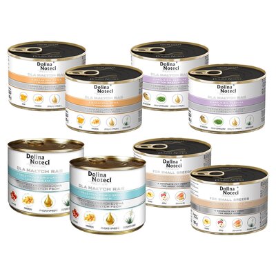 Mix smaków karm dla psa DOLINA NOTECI Premium z królikiem, fasolką i ryżem brązowym, z cielęciną, pomidorami i makaronem, z gęsią, ziemniakami i jabłkiem, z bażantem, dynią i makaronem 8 x 185 g