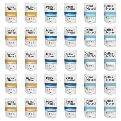 Karma dla psa DOLINA NOTECI Mix smaków Premium bogata w kaczkę z dynią, pstrąga, jagnięcinę 30 x 500 g